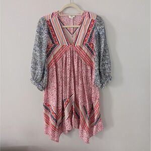 Umgee Patchwork Babydoll Mini Dress Tunic Top LG Festival Indie Boho Shark Bite